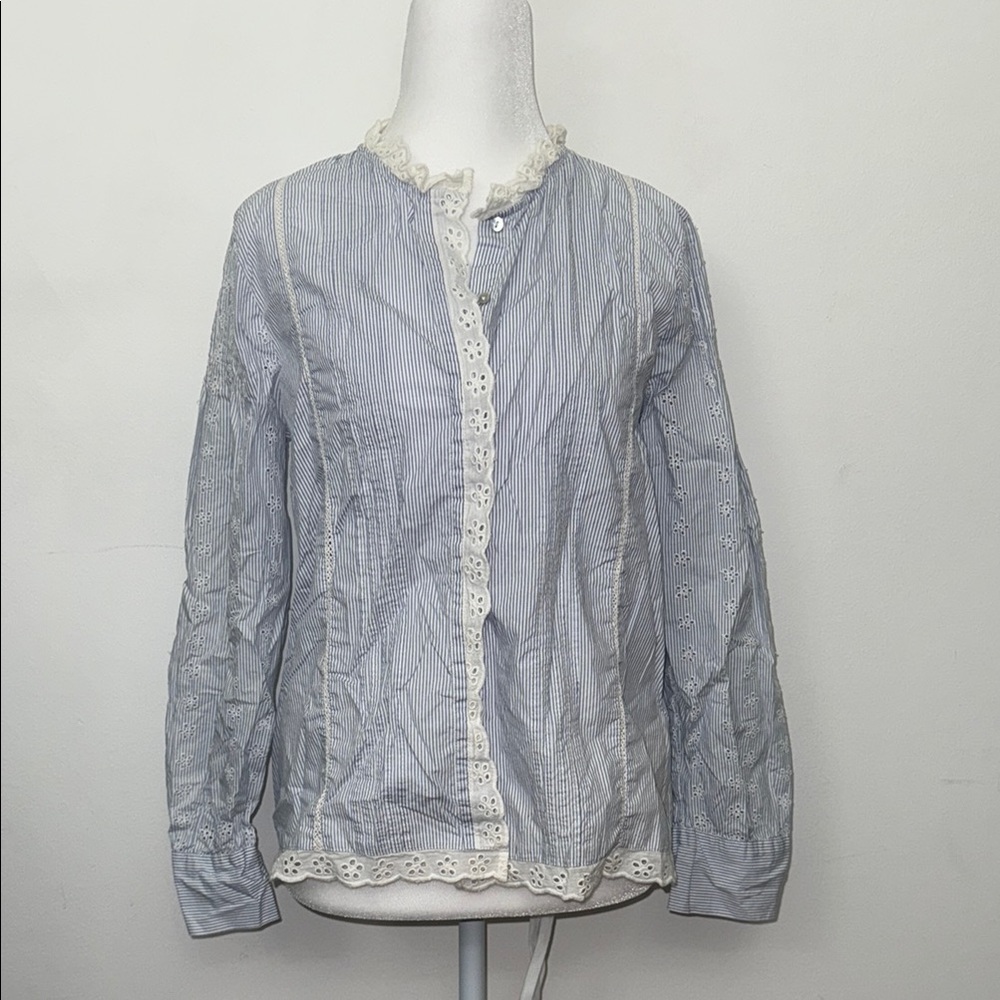 Zara Lace Trimmed Blouse with Blue Stripes M